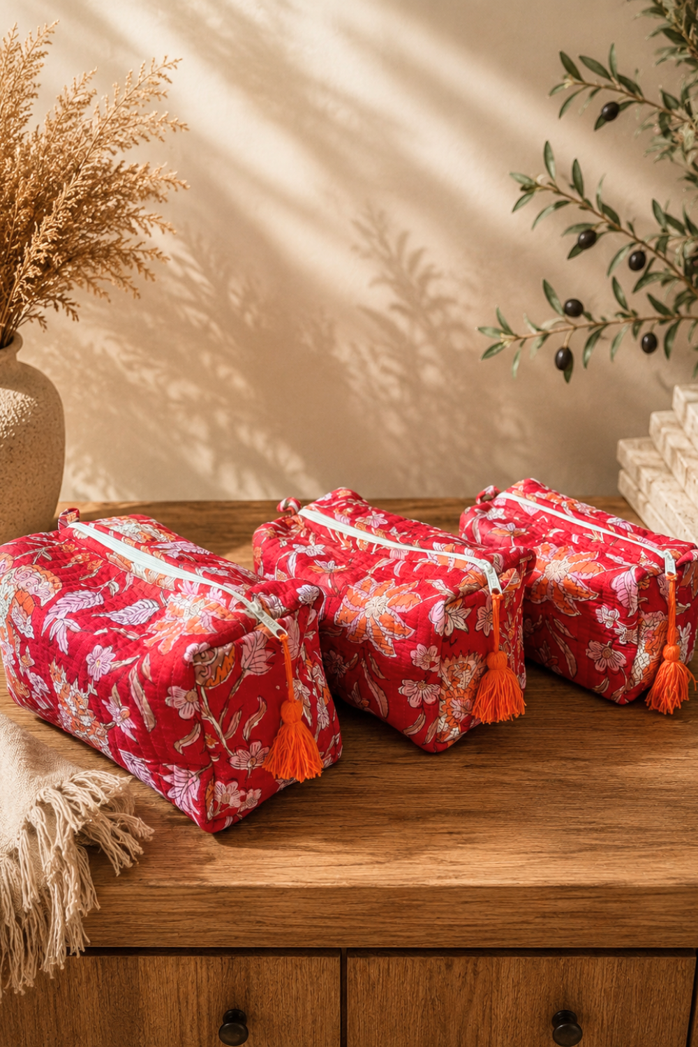 Crimson Floral Quilted Cotton Travel Pouches – Set of 3