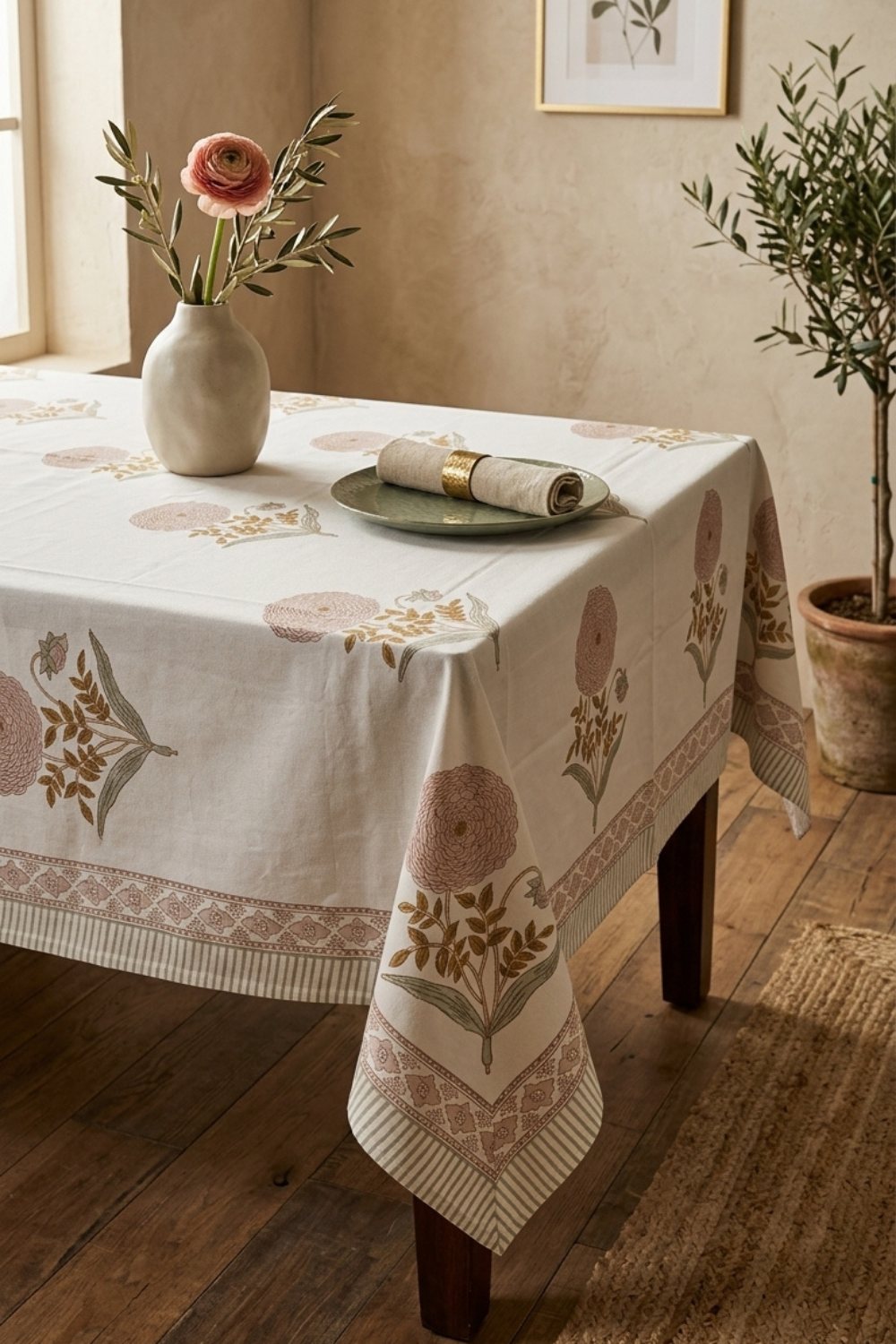 Dusty Bloom Handblock Printed Cotton Canvas Table Cloth - 6 Seater