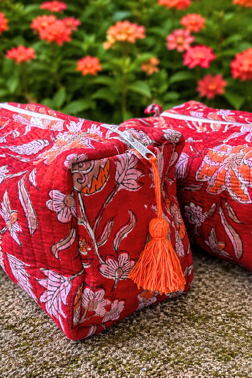 Crimson Floral Quilted Cotton Travel Pouches – Set of 3
