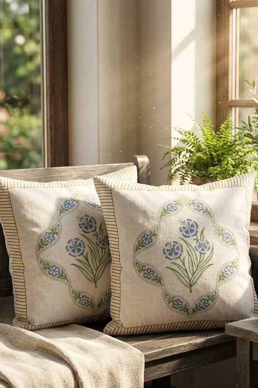 Blue Arch Hand Block Printed Slub Cotton Cushion Cover- Set of 2