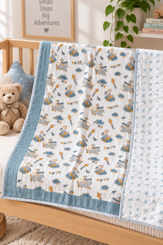 Kite & Quack Handblock Printed Reversible Mulmul Kids Dohar
