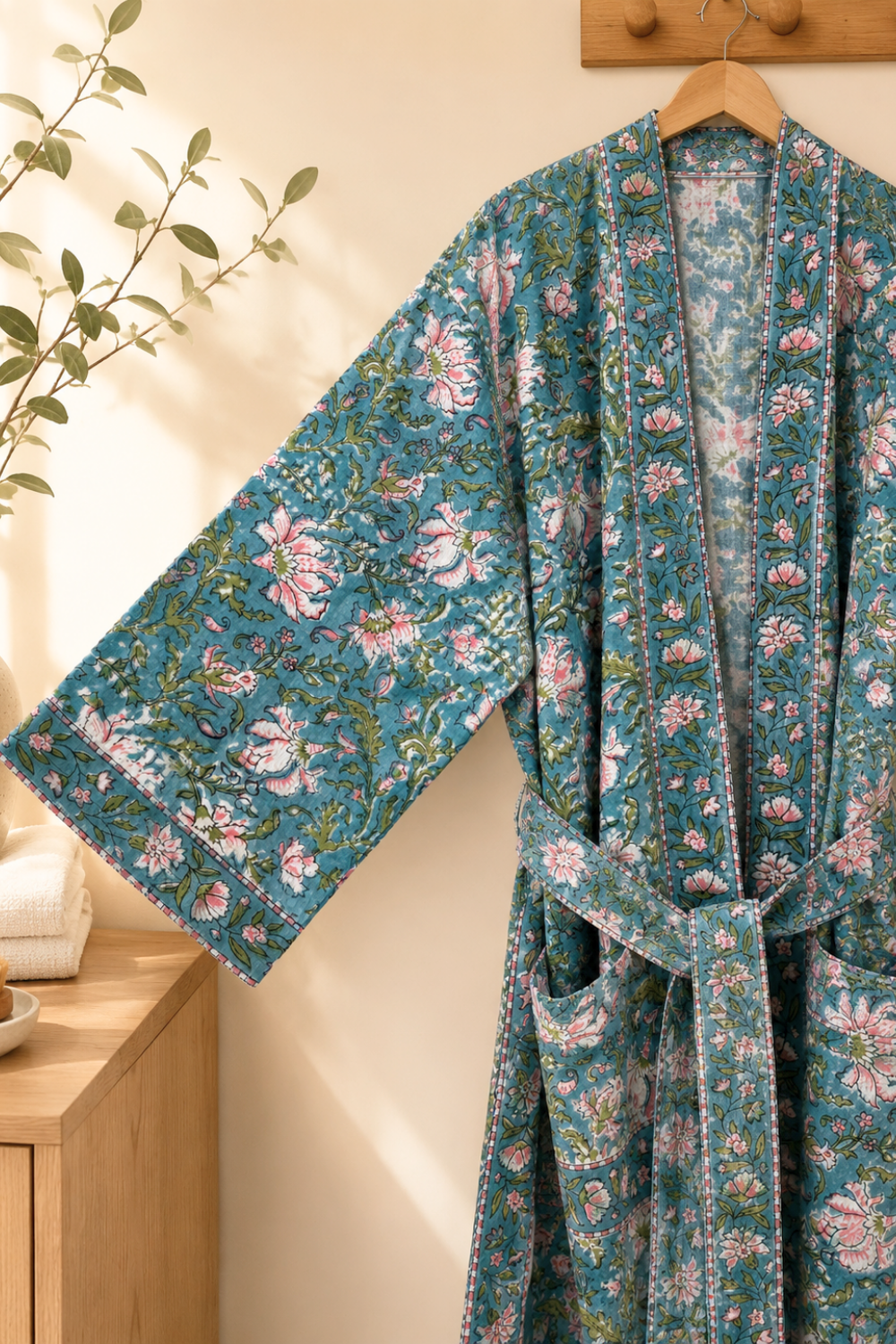 Teal Garden Handblock Printed Waffle Cotton Bathrobe