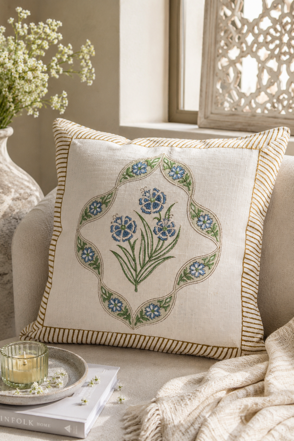 Blue Arch Hand Block Printed Slub Cotton Cushion Cover- Set of 2