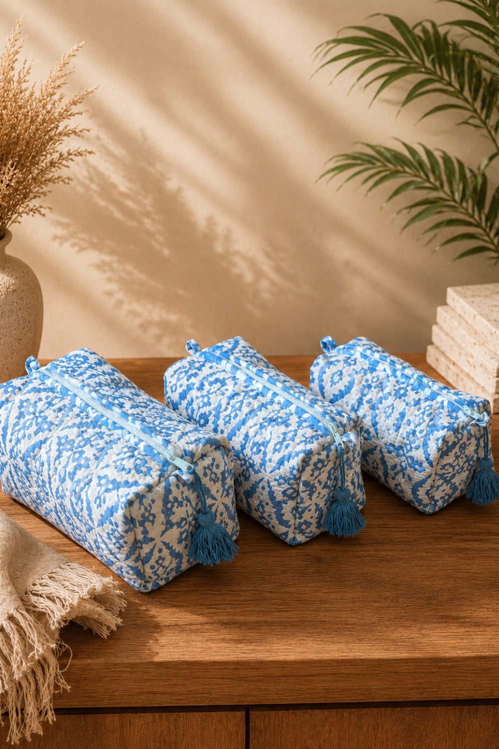 Sky Blue Quilted Cotton Travel Pouches – Set of 3