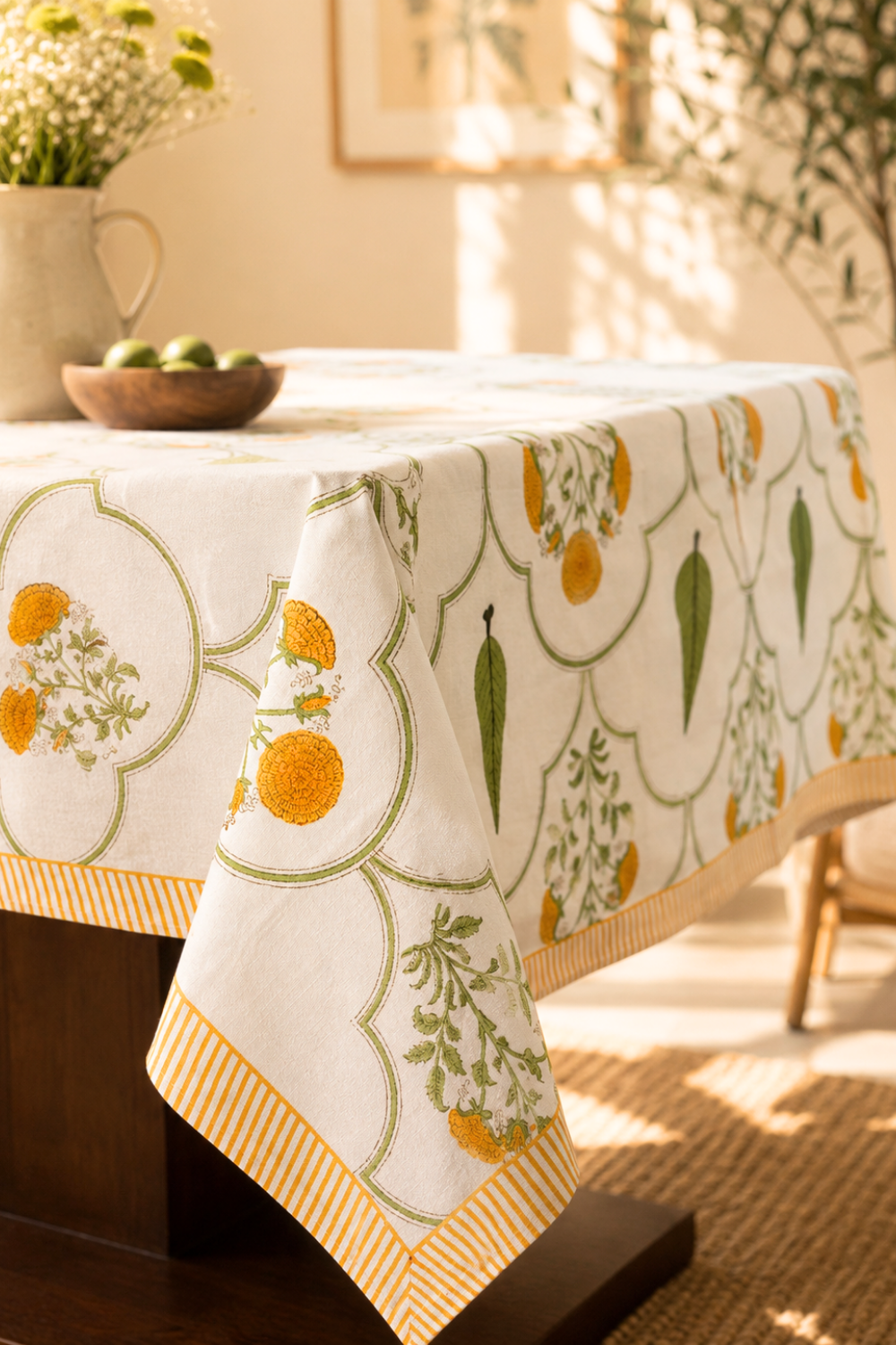 Golden Bloom Handblock Printed Cotton Canvas Table Cloth - 6 Seater