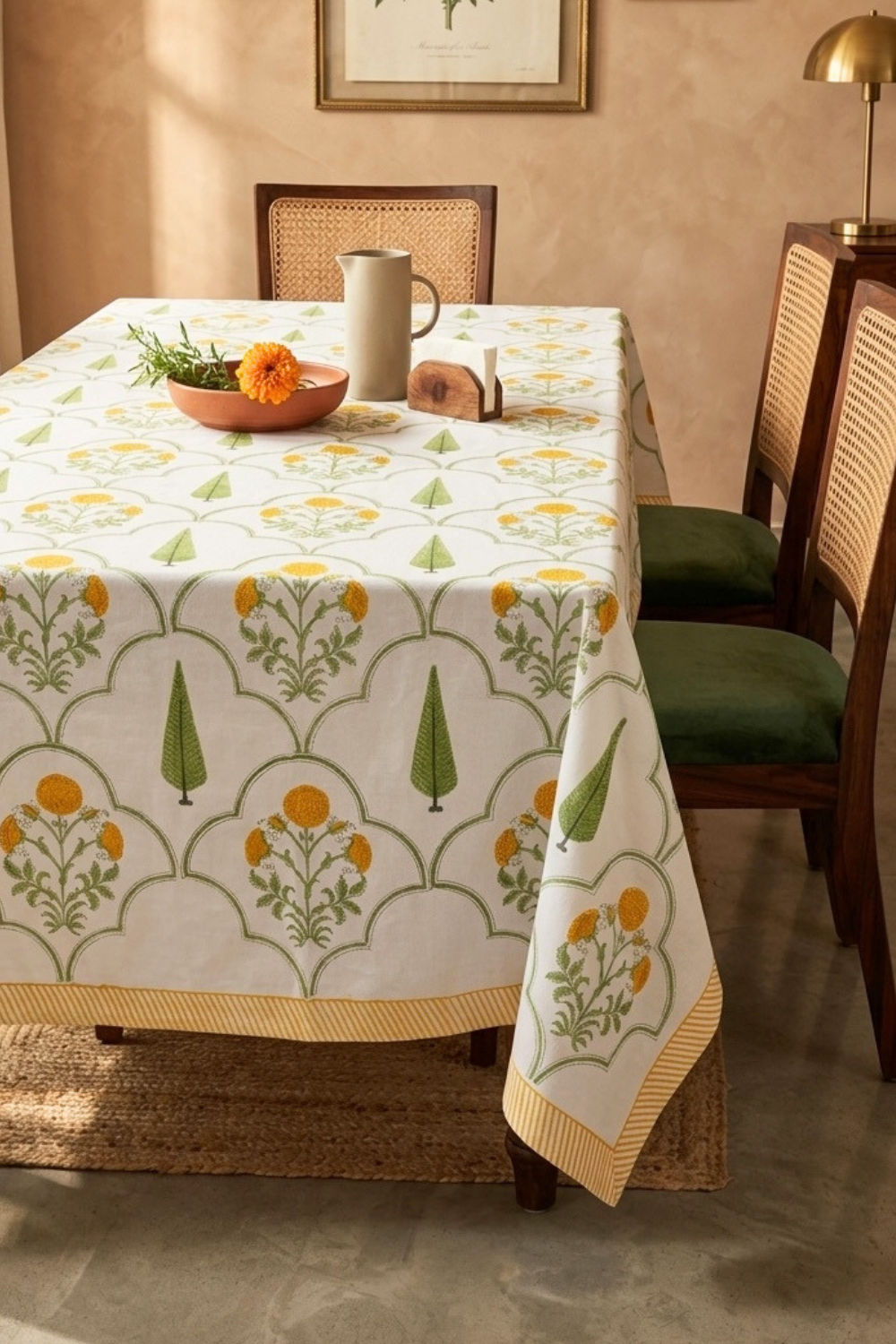 Golden Bloom Handblock Printed Cotton Canvas Table Cloth - 6 Seater