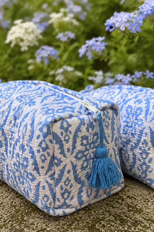 Sky Blue Quilted Cotton Travel Pouches – Set of 3