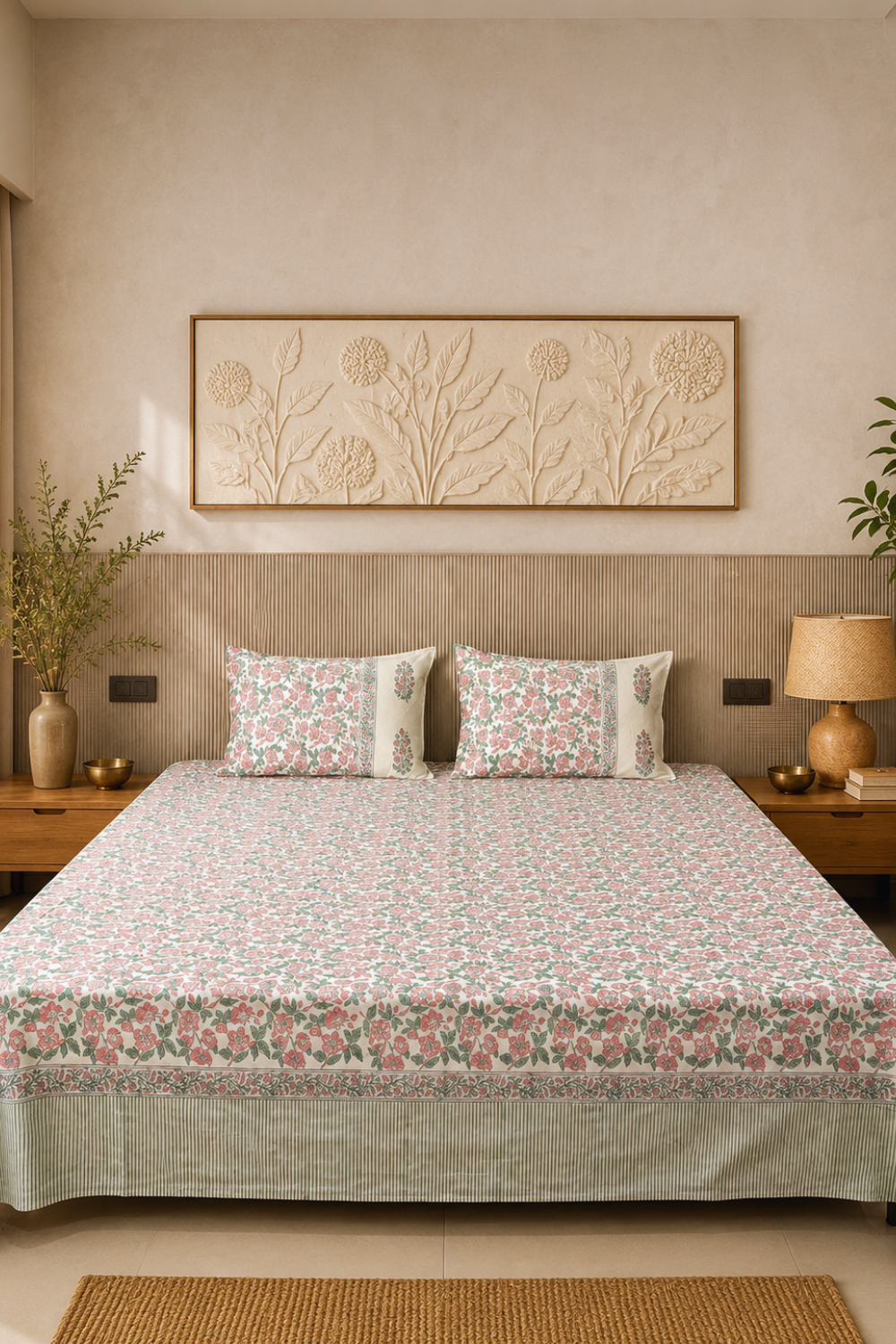 Blush Meadow Handblock Printed Cotton Bedsheet