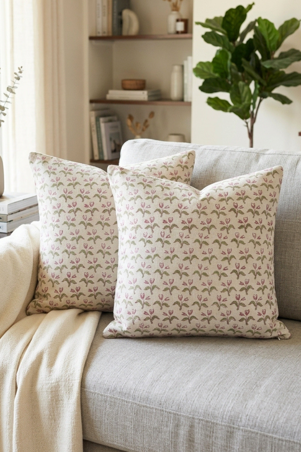Blush Bud Hand Block Printed Slub Cotton Cushion Cover- Set of 2