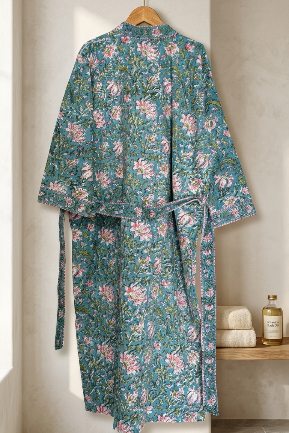 Teal Garden Handblock Printed Waffle Cotton Bathrobe