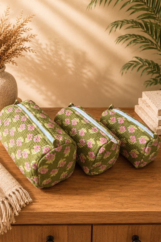 Olive Pink Floral Quilted Cotton Travel Pouches – Set of 3