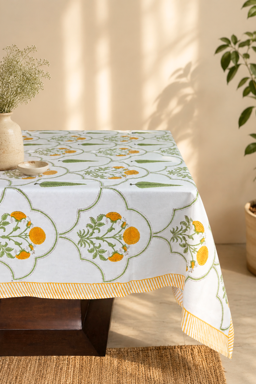 Golden Bloom Handblock Printed Cotton Canvas Table Cloth - 6 Seater