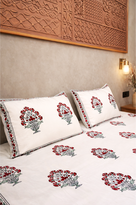 Terracotta Bouquet Handblock Printed Cotton Bedsheet