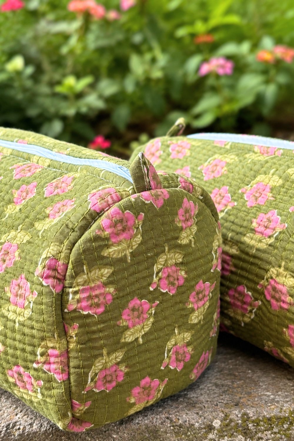 Olive Pink Floral Quilted Cotton Travel Pouches – Set of 3