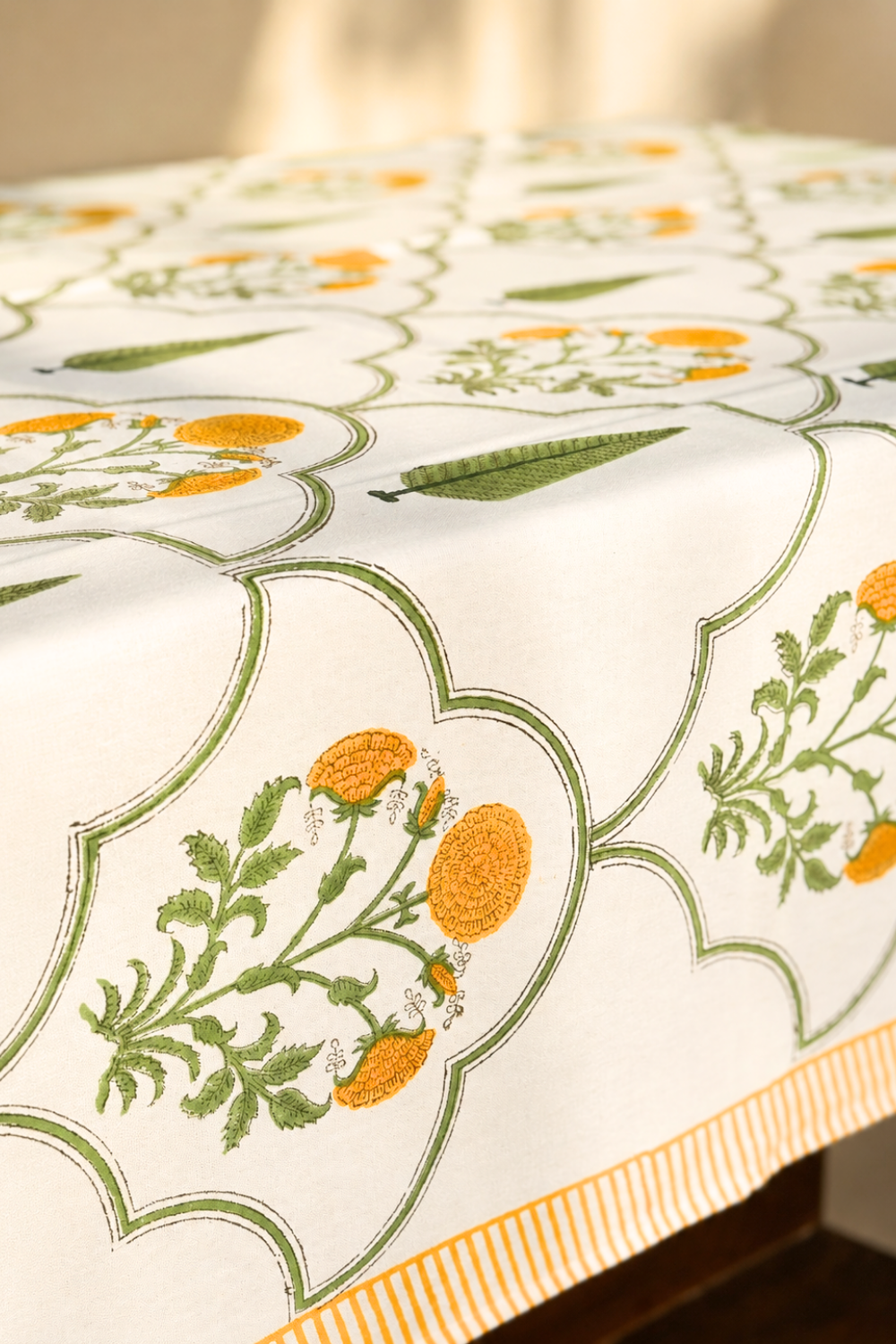 Golden Bloom Handblock Printed Cotton Canvas Table Cloth - 6 Seater