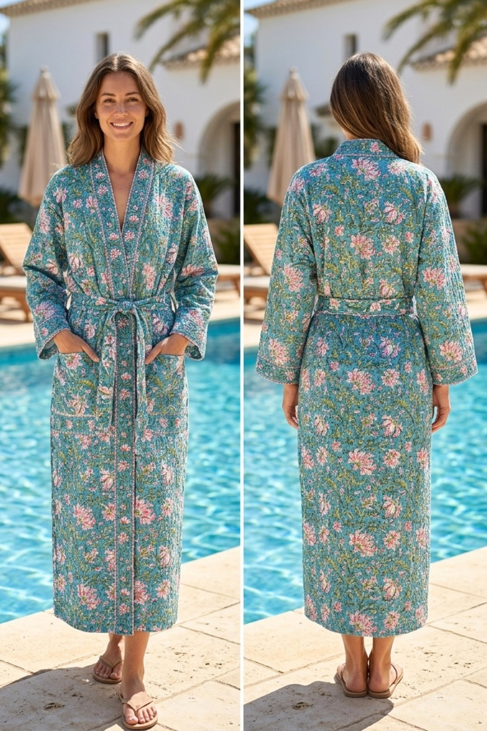 Teal Garden Handblock Printed Waffle Cotton Bathrobe