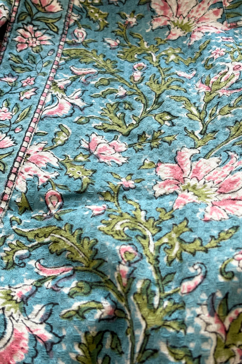 Teal Garden Handblock Printed Waffle Cotton Bathrobe