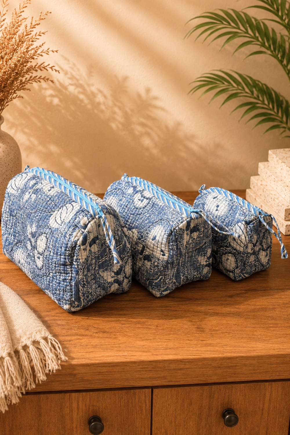Indigo Blue Floral Quilted Cotton Travel Pouches – Set of 3