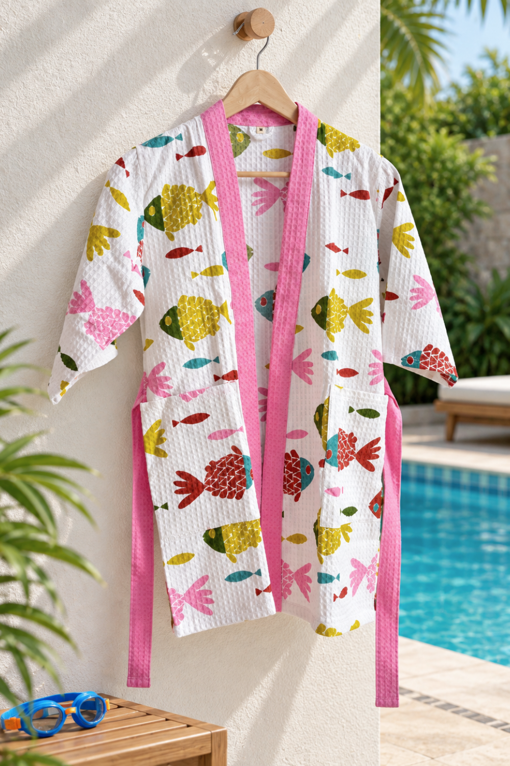Ocean Friends Handblock Printed Waffle Cotton Kids Bathrobe