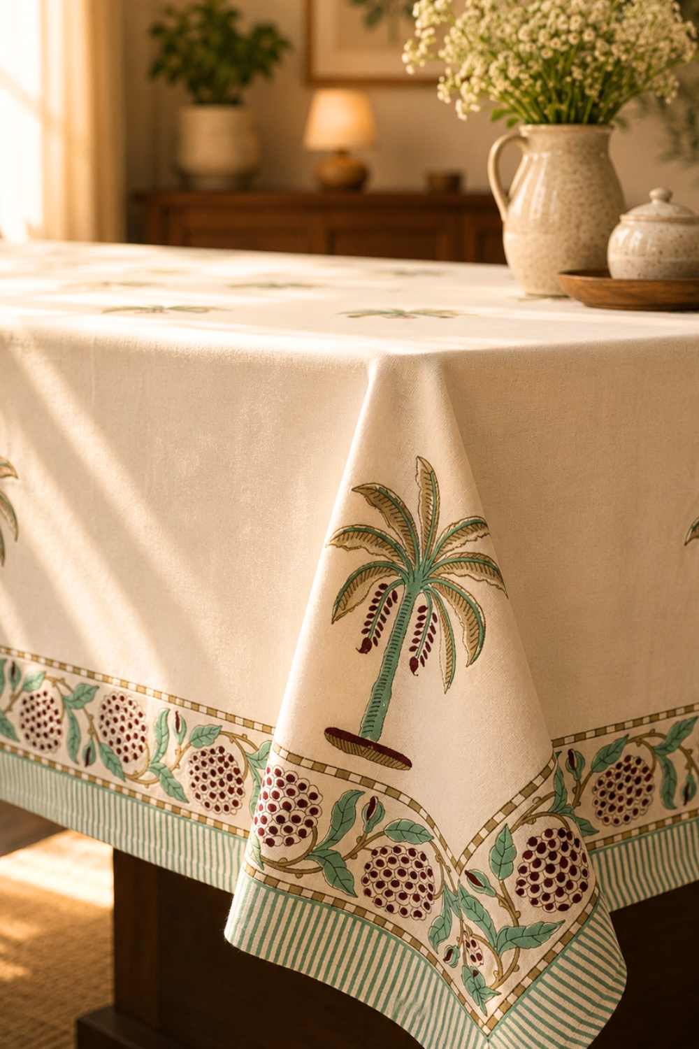 Palm Harmony Handblock Printed Cotton Canvas Table Cloth - 6 Seater