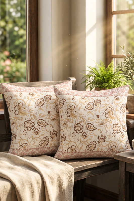 Autumn Petals Hand Block Printed Canvas Cushion Cover- Set of 2