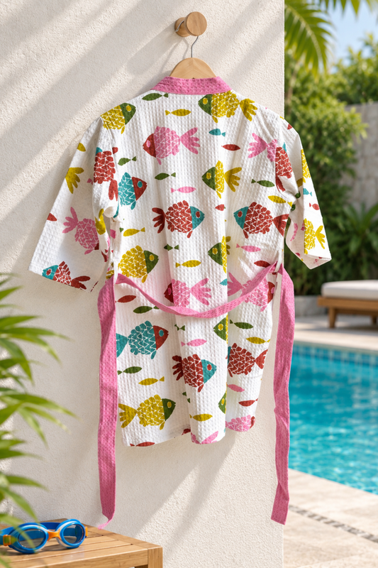 Ocean Friends Handblock Printed Waffle Cotton Kids Bathrobe