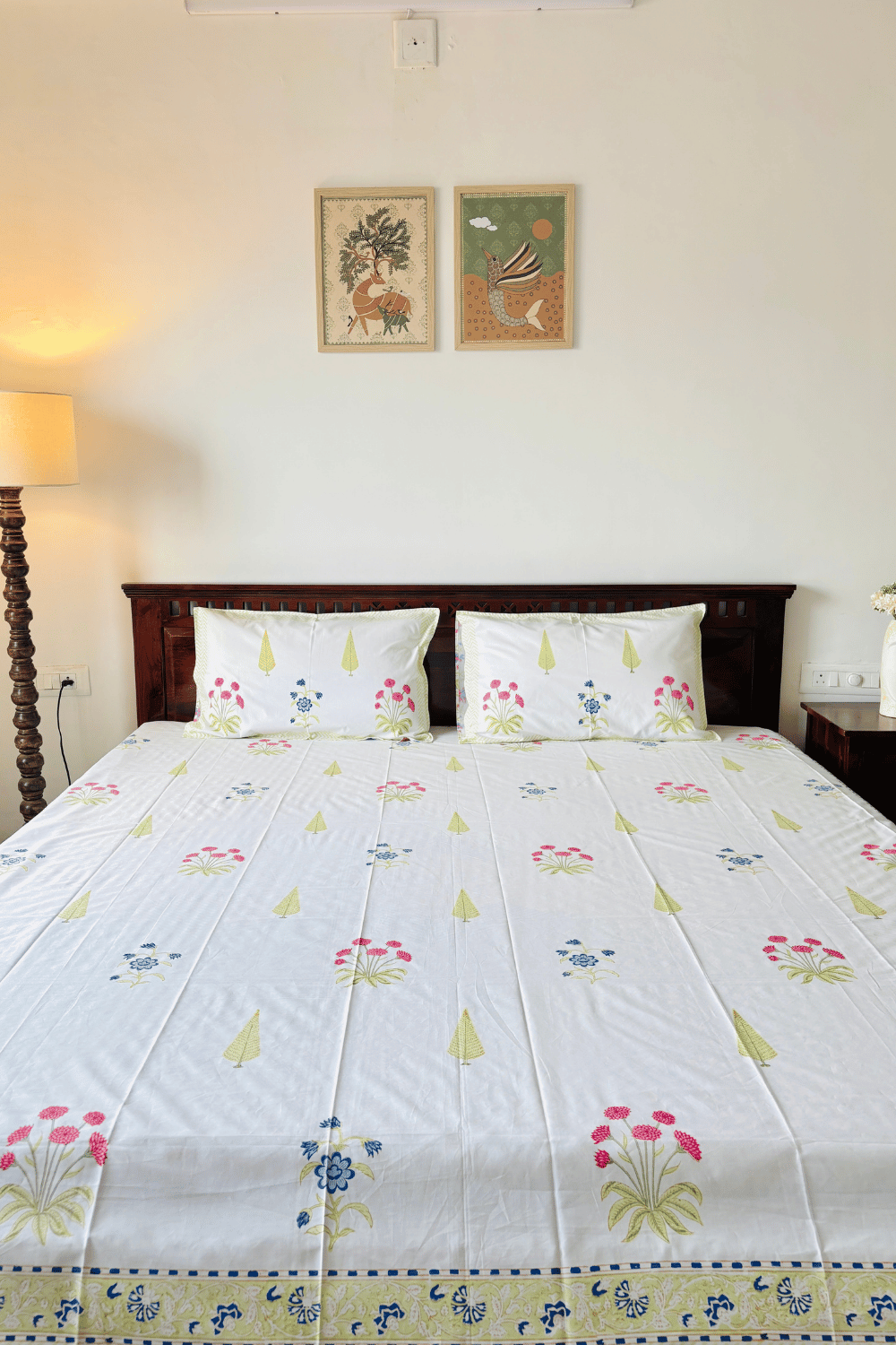 Lime Botanica Handblock Printed Percale Cotton Bedsheet