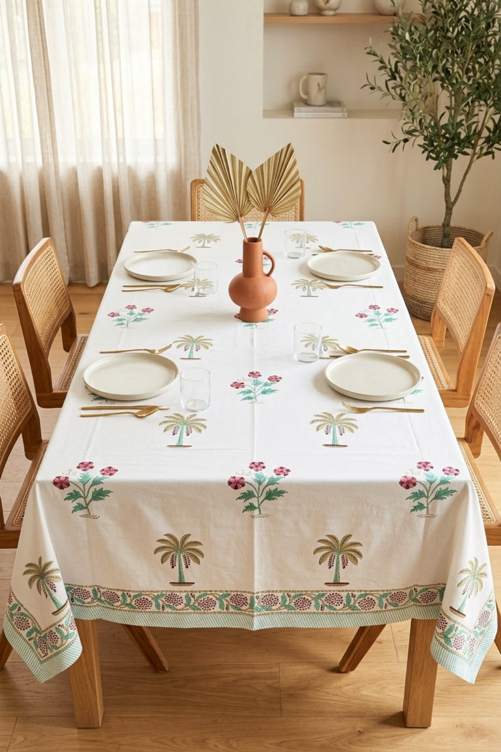 Palm Harmony Handblock Printed Cotton Canvas Table Cloth - 6 Seater