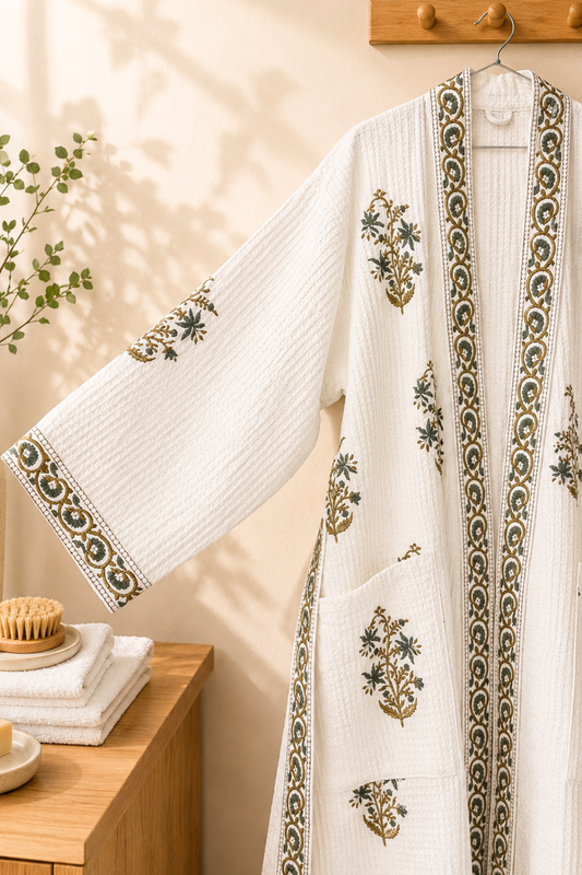 Ivory & Sage Hand Block Printed Waffle Cotton Bathrobe