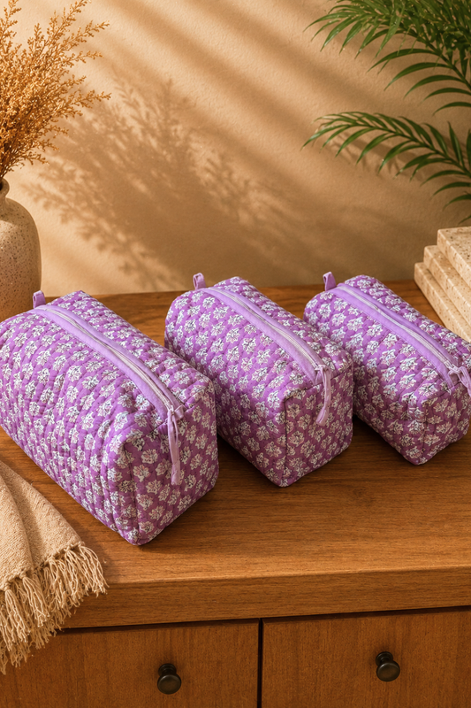 Lavender Floral Quilted Cotton Travel Pouches – Set of 3