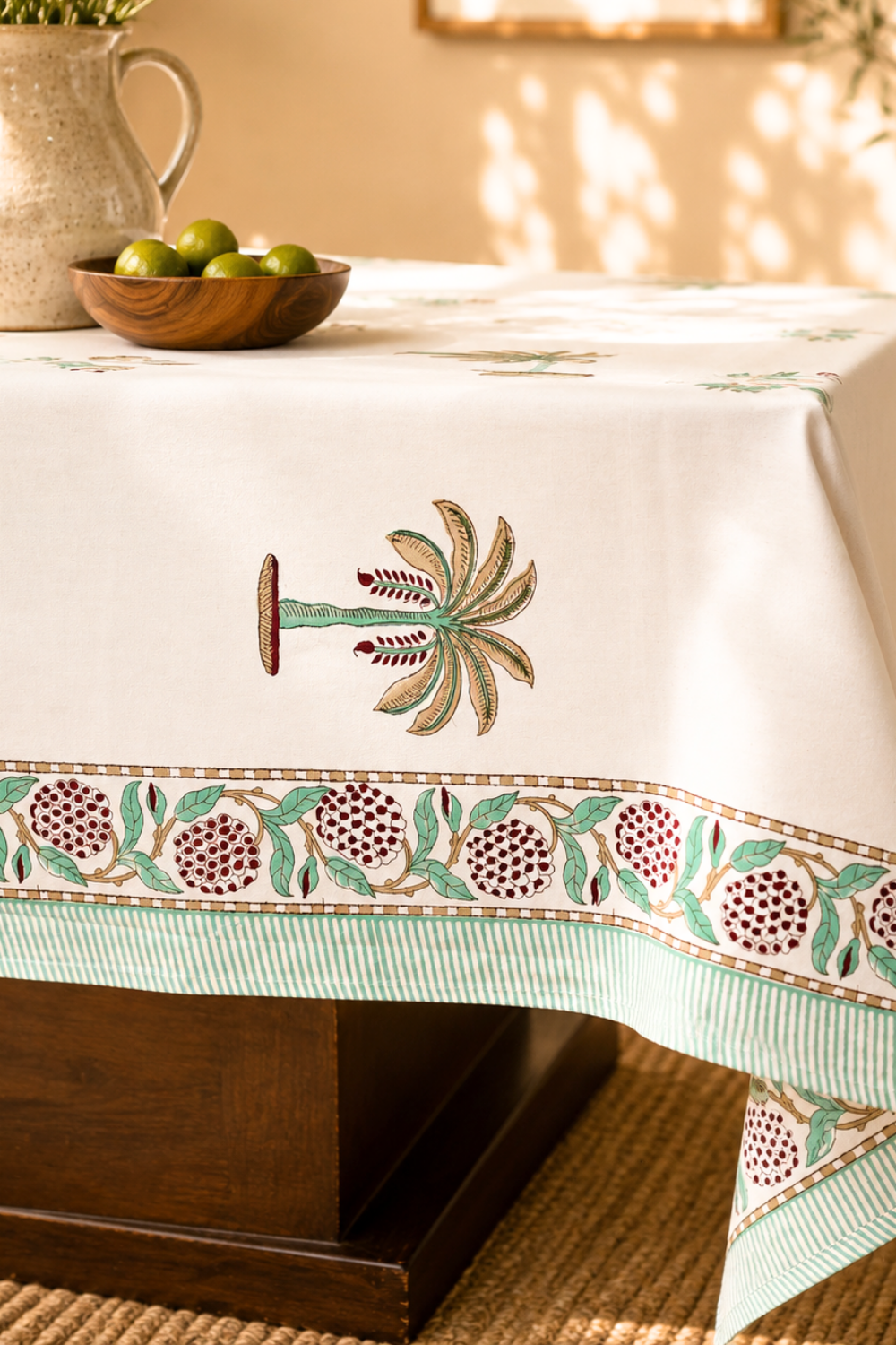 Palm Harmony Handblock Printed Cotton Canvas Table Cloth - 6 Seater