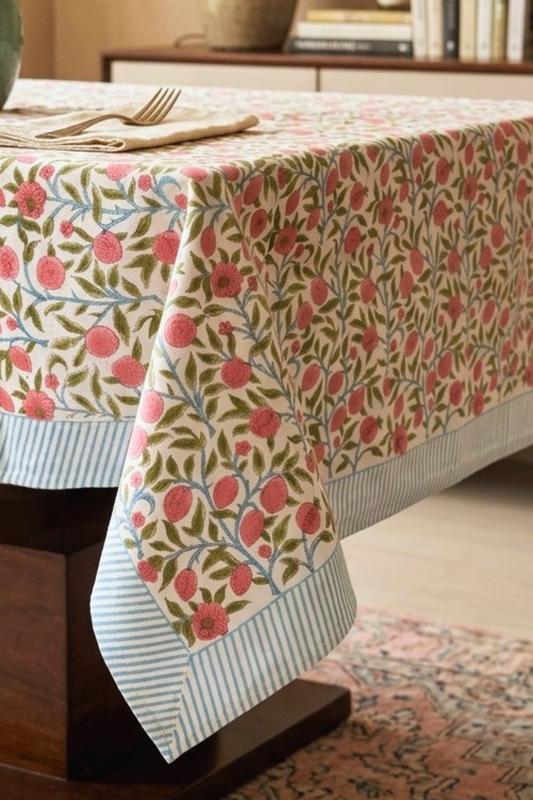 Blush Vine Handblock Printed Cotton Canvas Table Cloth - 6 Seater