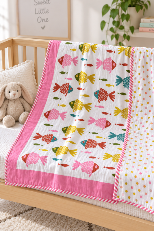 Fishtail Dreams Handblock Printed Reversible Mulmul Kids Dohar
