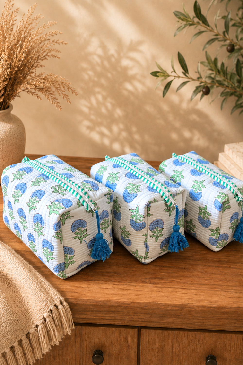 Aqua Blue Quilted Cotton Travel Pouches – Set of 3