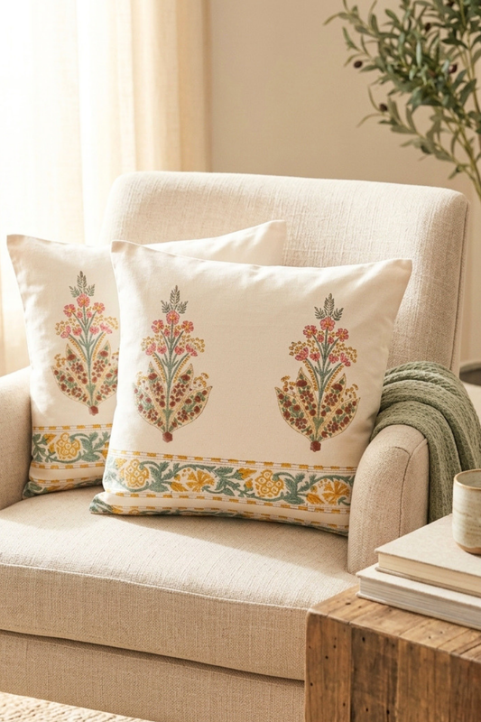Bloomcrest Hand Block Printed Canvas Cushion Cover- Set of 2