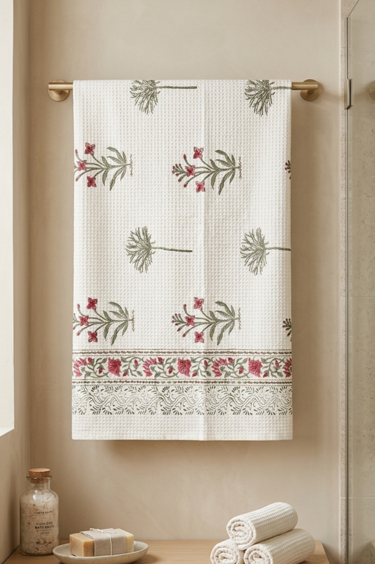 Blush Sprig Handblock Printed Waffle Cotton Bath Towel