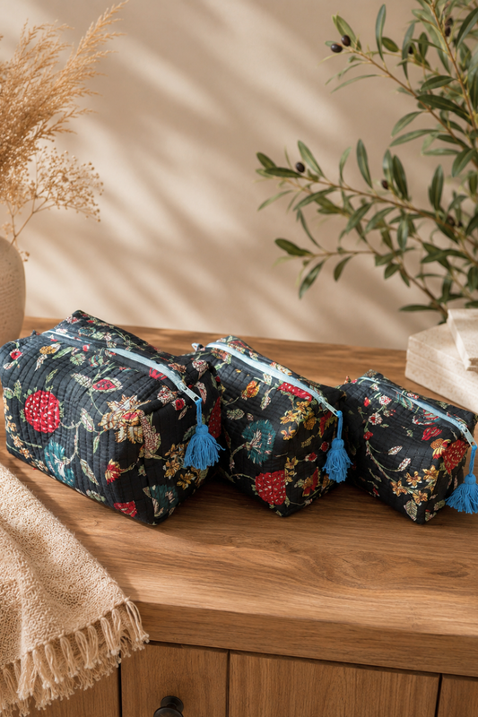 Midnight Floral Quilted Cotton Travel Pouches – Set of 3