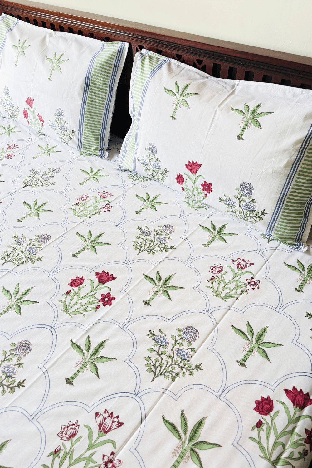 Sage Palm Handblock Printed Percale Cotton Bedsheet