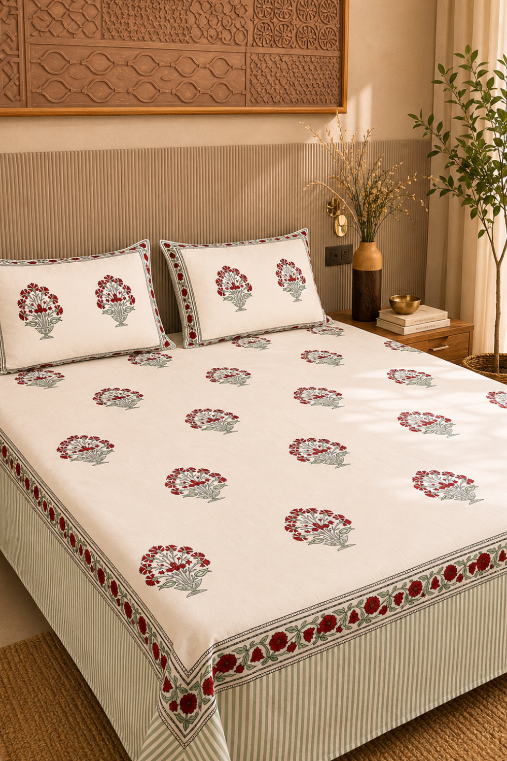 Terracotta Bouquet Handblock Printed Cotton Bedsheet