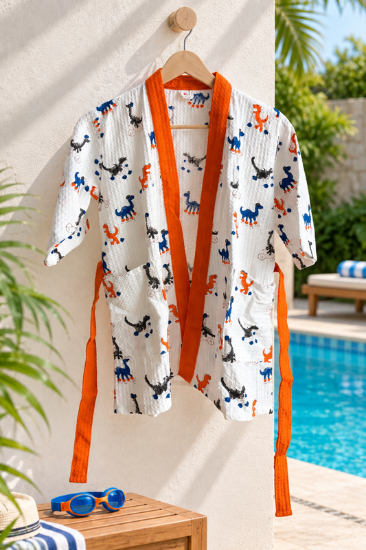 Dino Dash Handblock Printed Waffle Cotton Kids Bathrobe
