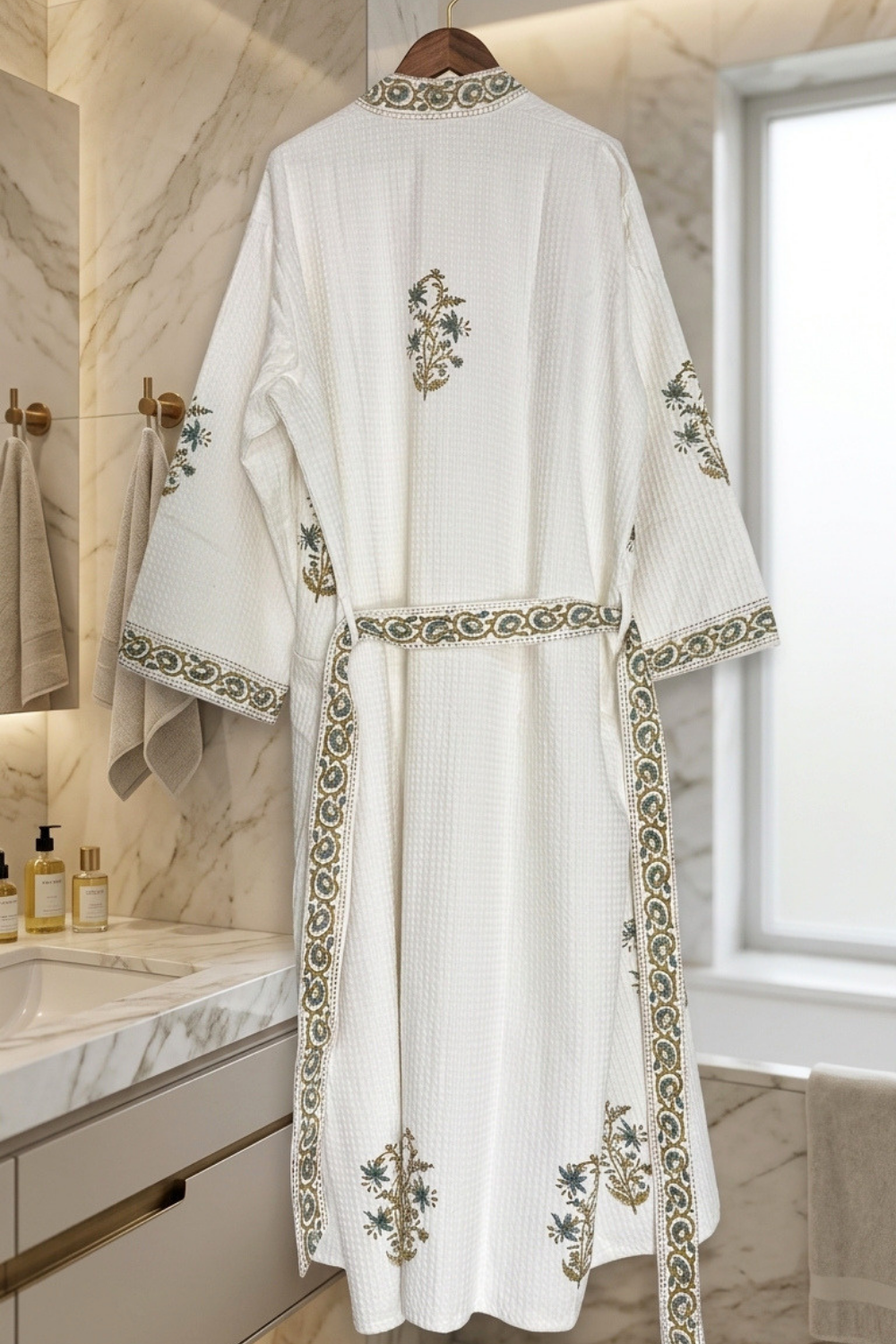 Ivory & Sage Hand Block Printed Waffle Cotton Bathrobe