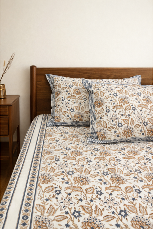 Ochre Garden Handblock Printed Cotton Bedsheet