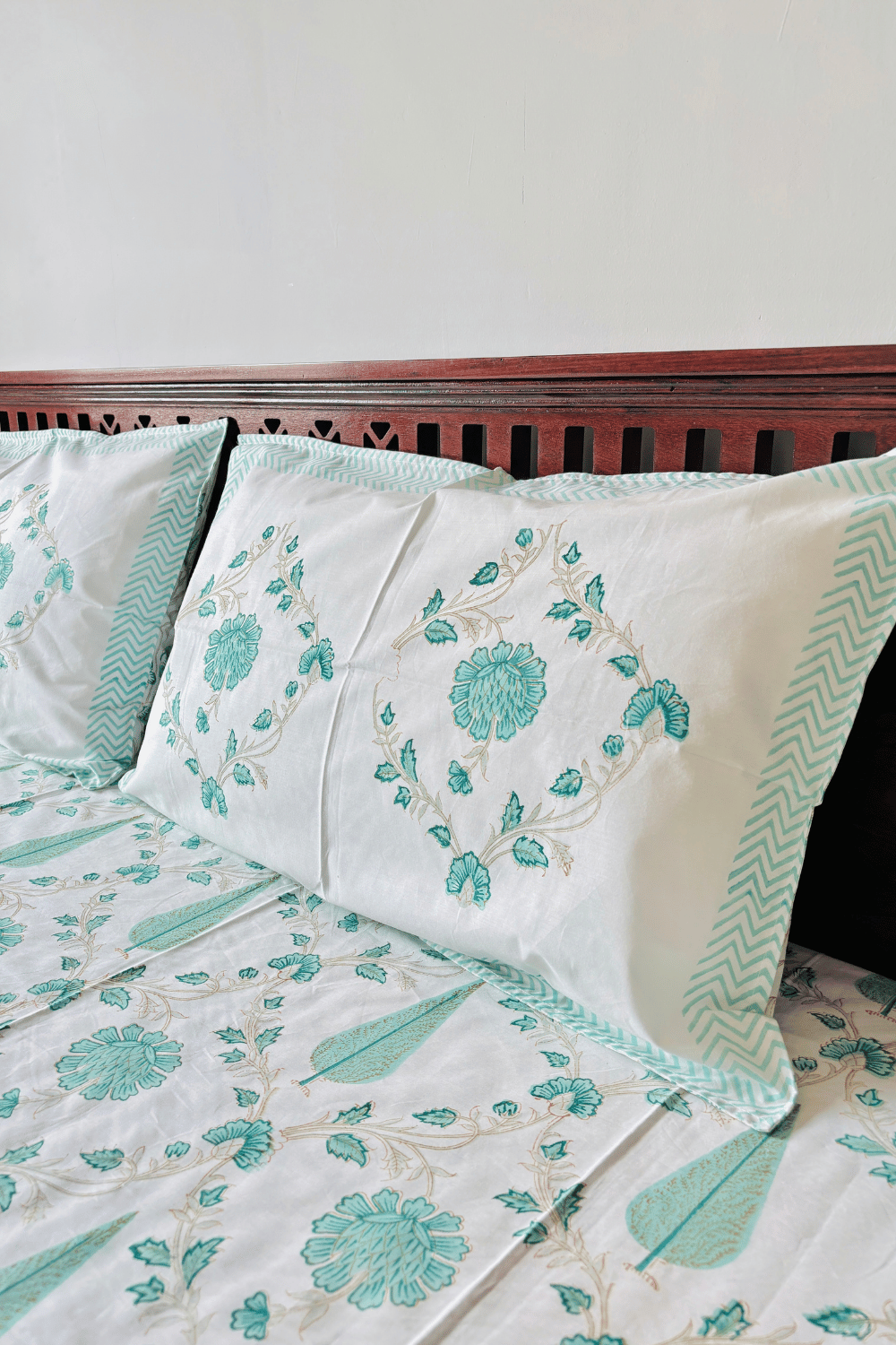 Aqua Floral Handblock Printed Percale Cotton Bedsheet