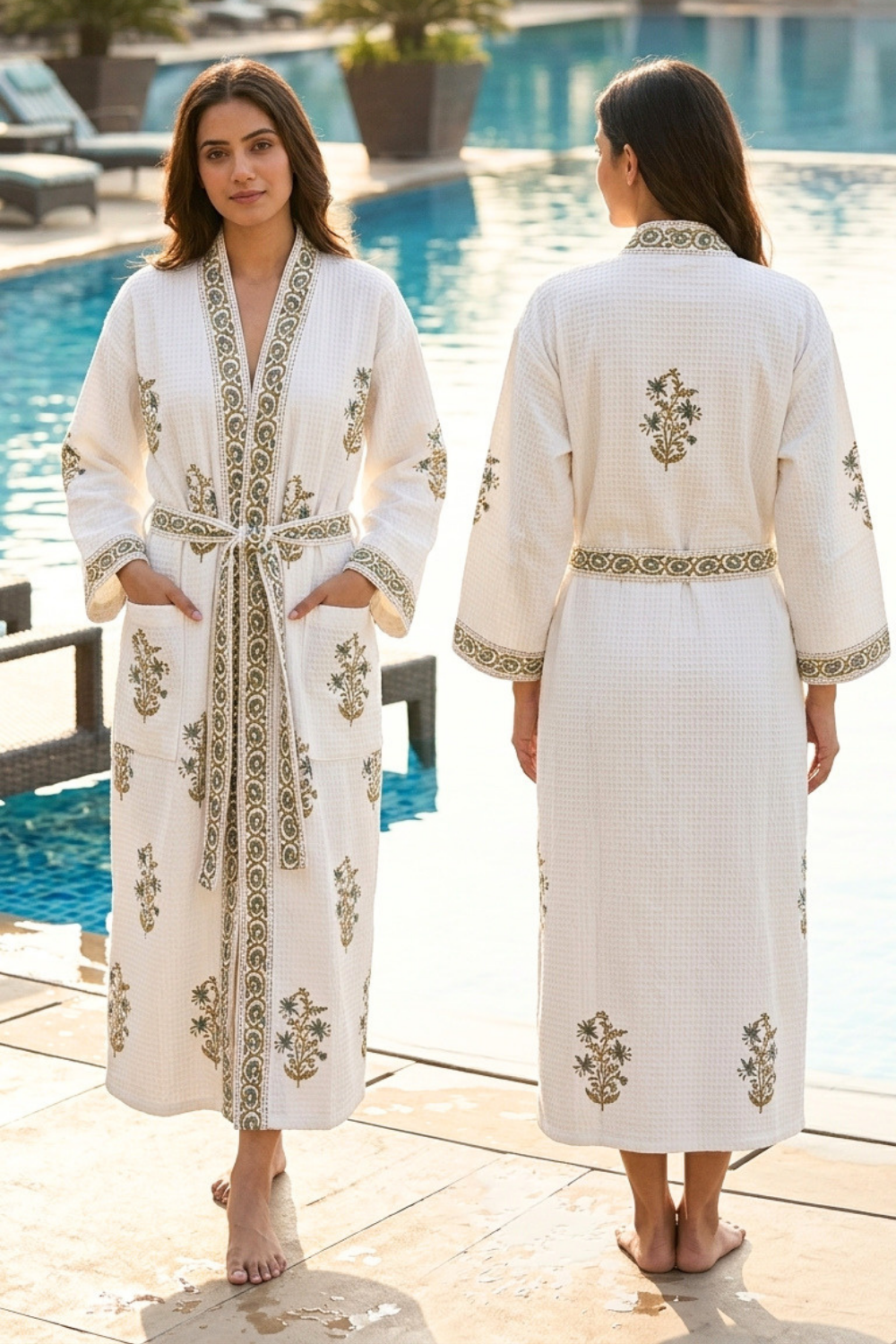 Ivory & Sage Hand Block Printed Waffle Cotton Bathrobe