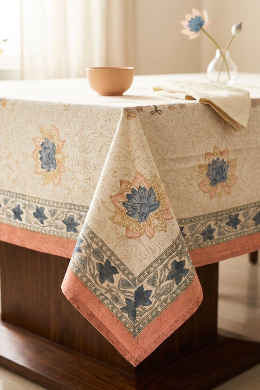Pastel Bloom Handblock Printed Cotton Canvas Table Cloth - 6 Seater