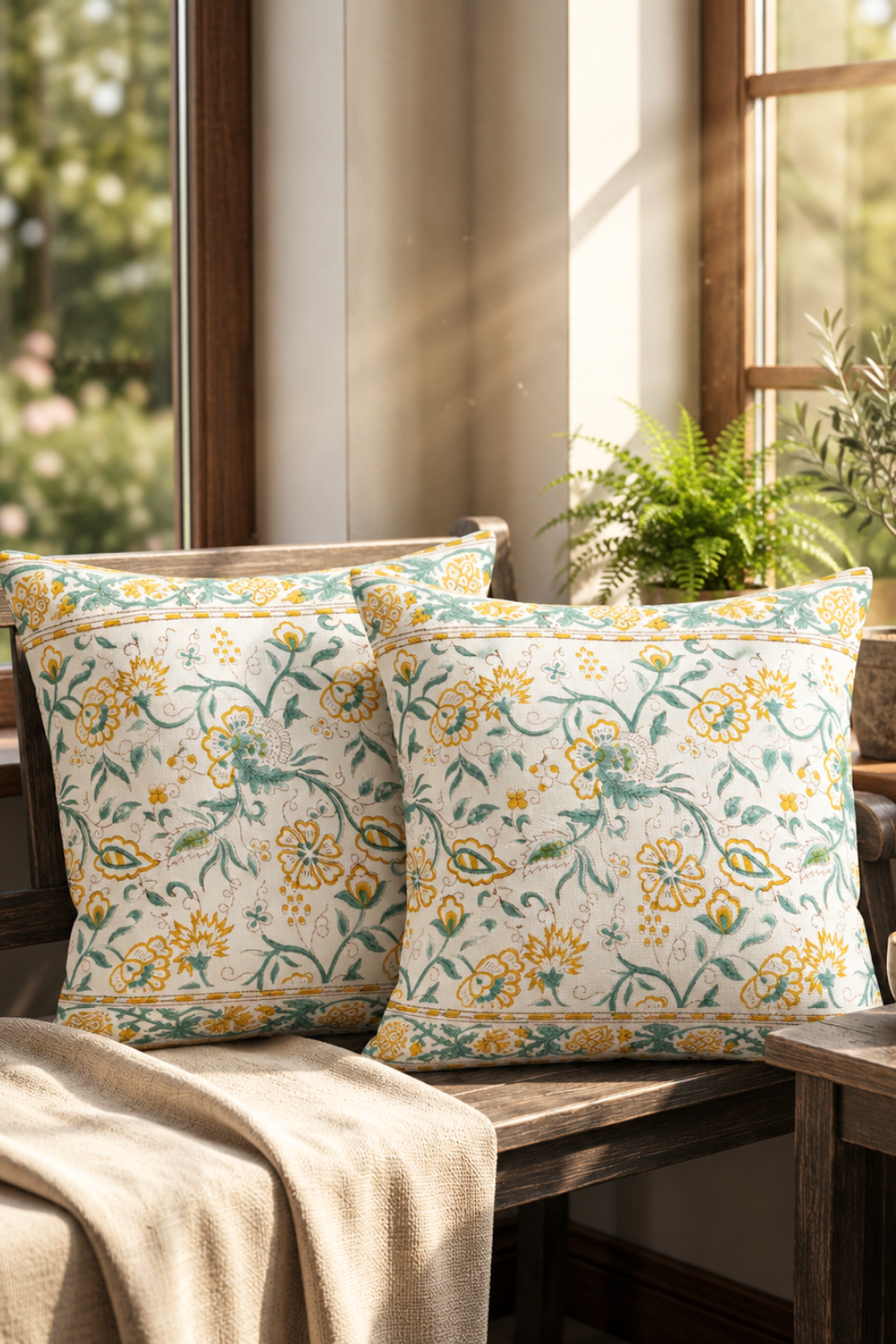 Garden Reverie Hand Block Printed Canvas Cushion Cover- Set of 2