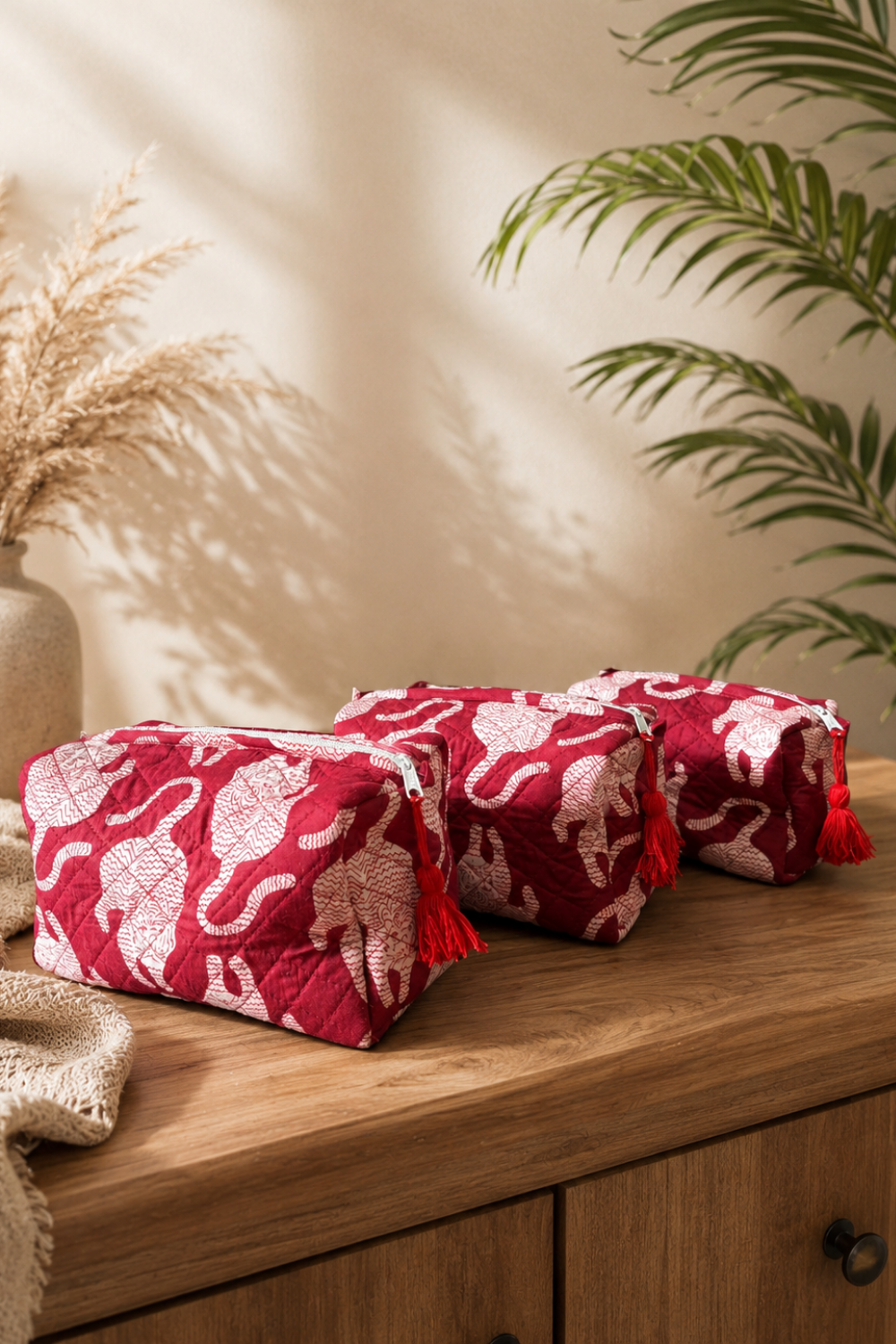 Berry Red Quilted Cotton Travel Pouches – Set of 3