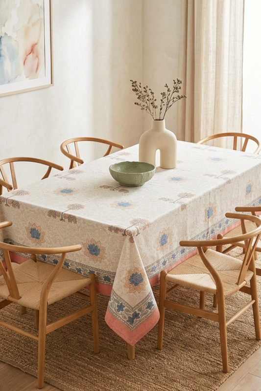 Pastel Bloom Handblock Printed Cotton Canvas Table Cloth - 6 Seater