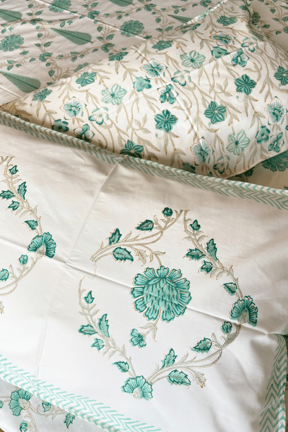 Aqua Floral Handblock Printed Percale Cotton Bedsheet