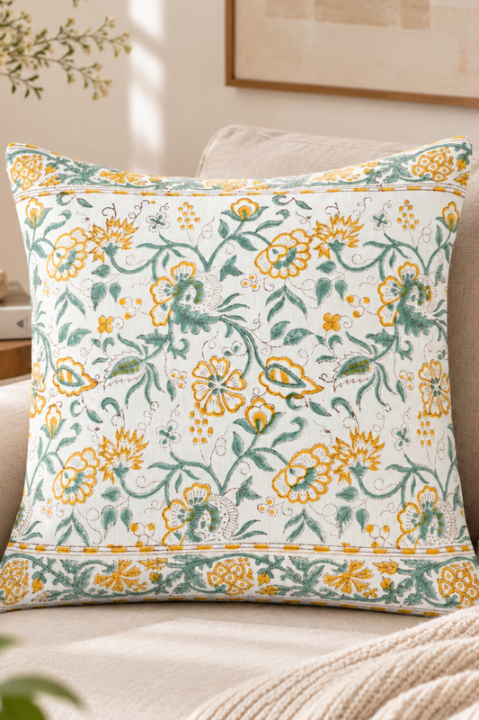 Garden Reverie Hand Block Printed Canvas Cushion Cover- Set of 2